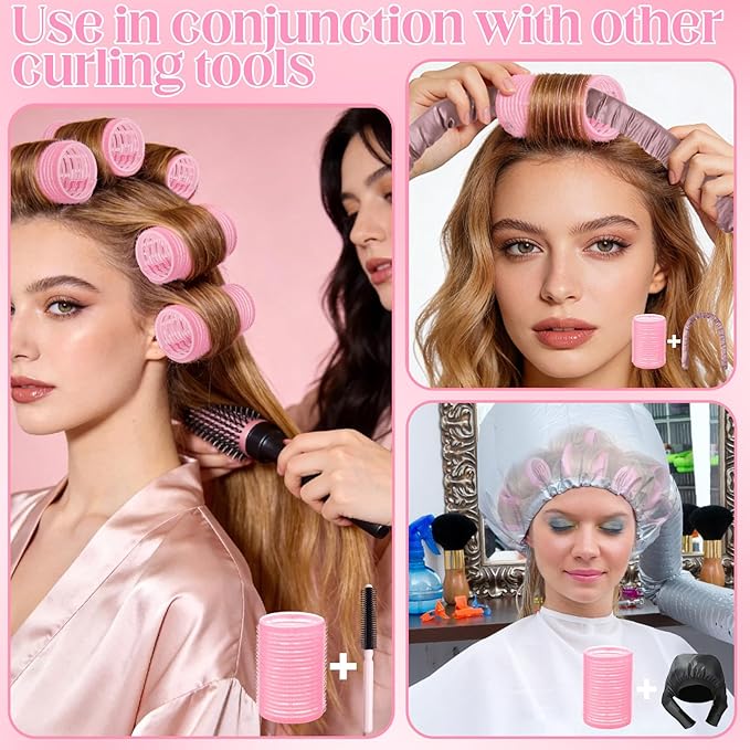 64 PCS Travel Hair Rollers Set for Women - 5 Sizes Self Grip Curlers with 2 Volumizing Roller Clips, 30 Pcs Clips & Comb in Portable Makeup Bag for Long/Medium/Short Hair & Bangs, Pink