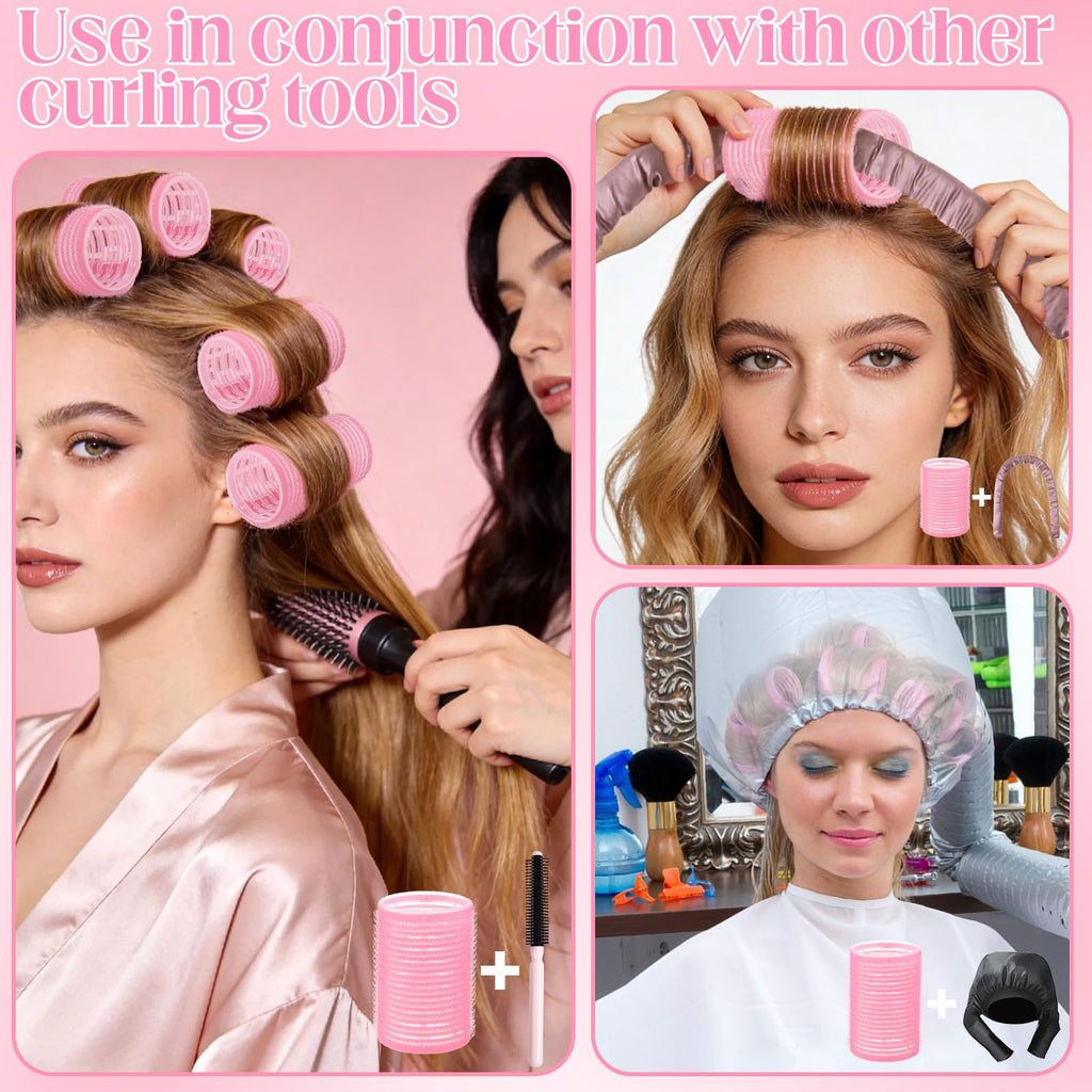 64 PCS Travel Hair Rollers Set for Women - 5 Sizes Self Grip Curlers with 2 Volumizing Roller Clips, 30 Pcs Clips & Comb in Portable Makeup Bag for Long/Medium/Short Hair & Bangs, Pink