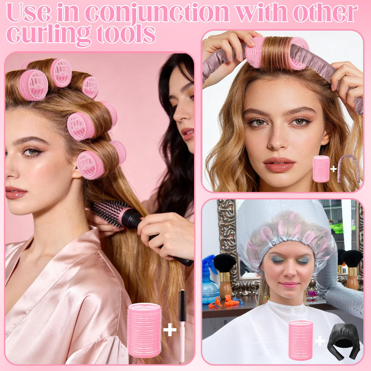 64 PCS Travel Hair Rollers Set for Women - 5 Sizes Self Grip Curlers with 2 Volumizing Roller Clips, 30 Pcs Clips & Comb in Portable Makeup Bag for Long/Medium/Short Hair & Bangs, Pink