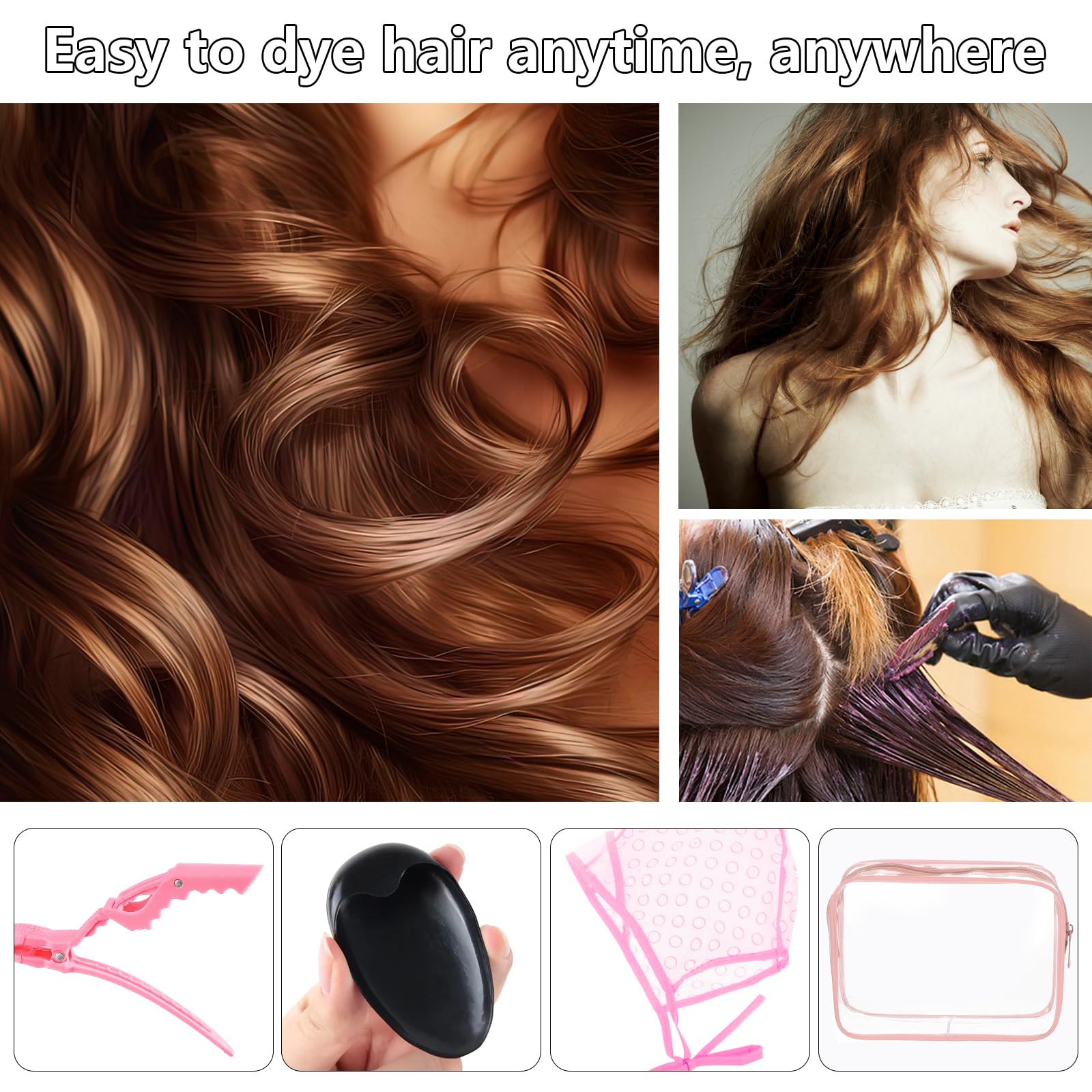 32 Pcs Hair Dye Coloring Kit,Hair Dye Tools for DIY Salon.Hair Dye Brush and Bowl Set/Highlighting Frosting Cap with Plastic Hooks/Dye Brush/Ear Cover/Gloves/Comb/Hairpin/Hair Coloring Cape(Pink)