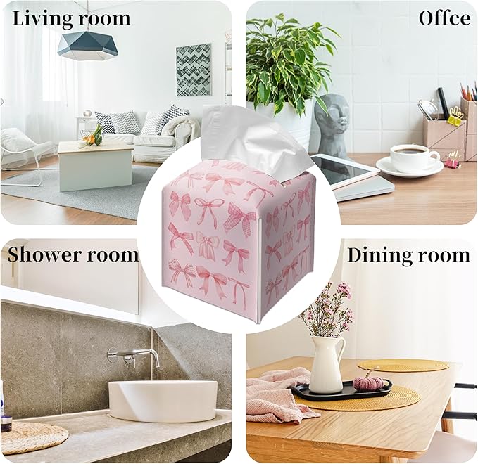 Grace Yonks Cute Tissue Box Cover Square - Allover Pink Bow Design 5.2" PU Leather Holder for Vanity, Desk, or Bathroom Counter - Cube Case for Facial Tissues(009)