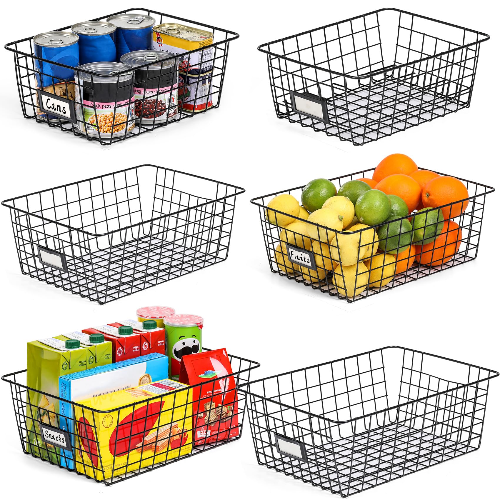 6 Pack Wire Baskets for Pantry Organization and Storage, Kitchen Organizer, 2 XXLarge & 2 XLarge & 2 Large
