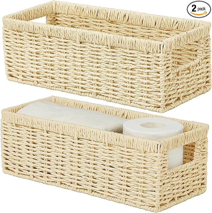 Vagusicc Wicker Storage Basket, Paper Rope Wicker Baskets with Handles, Toilet Paper Basket for Toilet Tank Top, Small Wicke Baskets for Organizing Shelves, 2-Pack, Begie