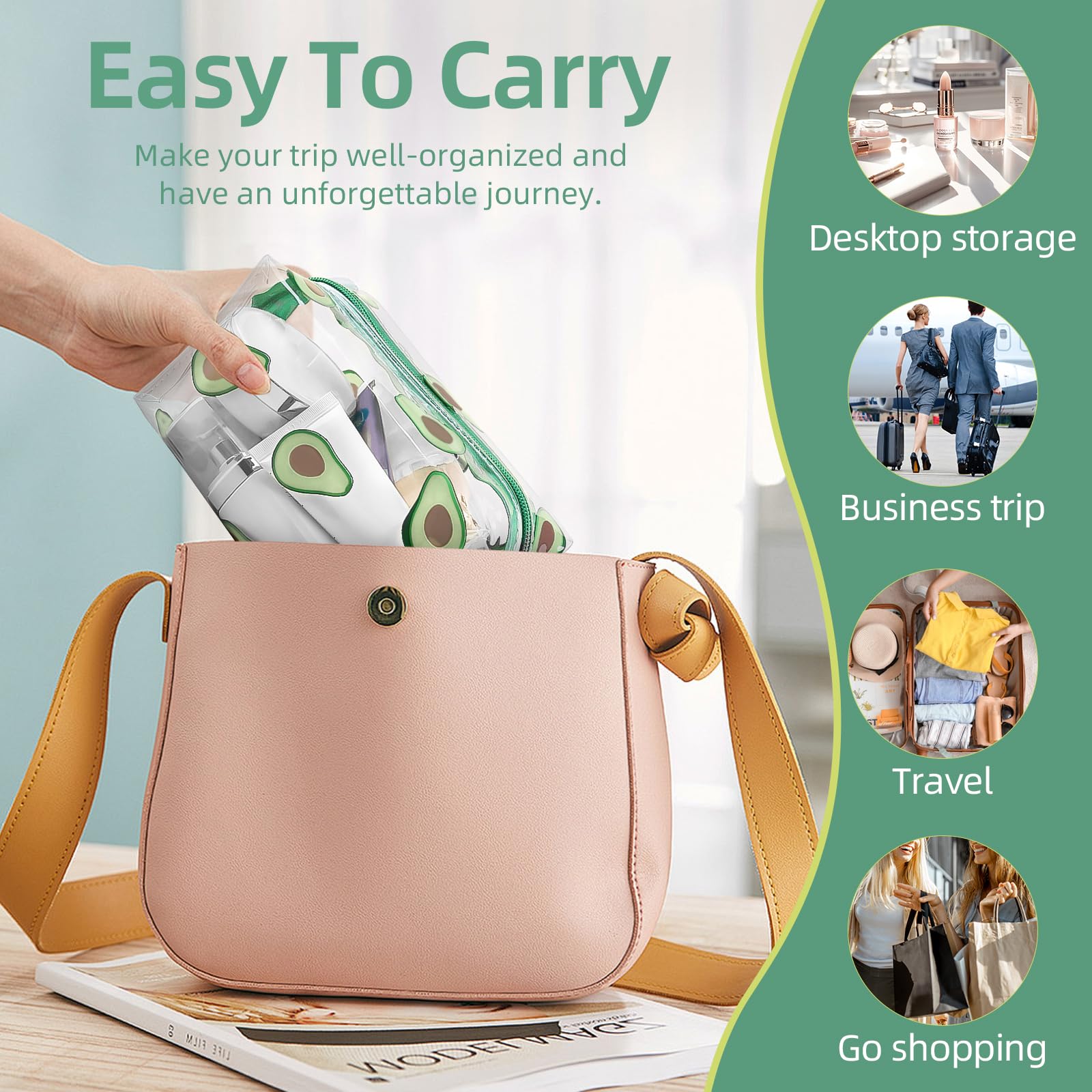 CarryEpic Clear Makeup Bag, Small Clear Toiletry Bag for Travel, Cosmetic Makeup Organizer Bags with Zipper, Plastic PVC Pouch Transparent Zip for Purse Reusable TSA Approved Quart Size (Avocado)