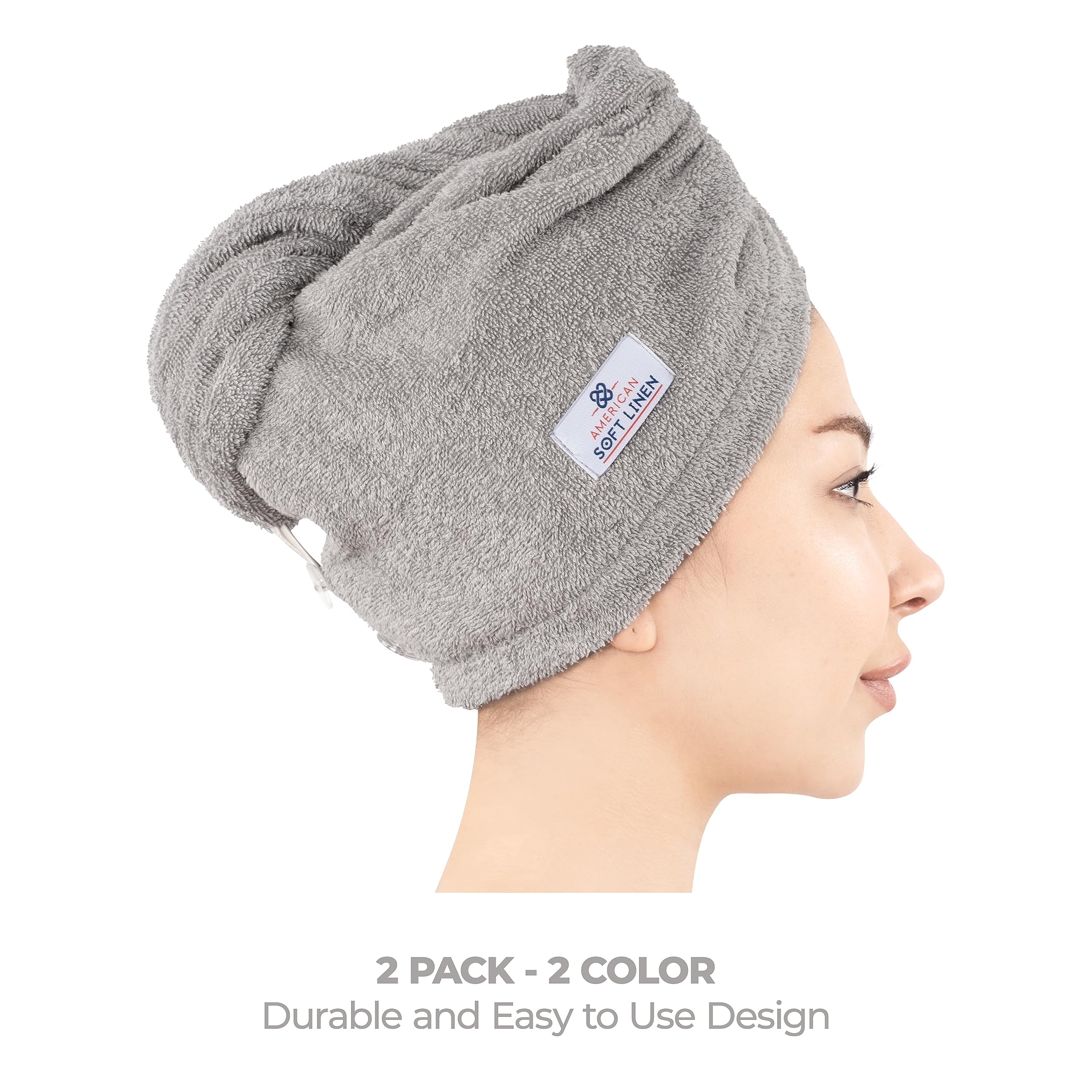American Soft Linen 100% Cotton Head Towel Cap, Women's Anti Frizz Hair Wrap, Absorbent Cotton Towels 2 Pack, Light Grey-Pink
