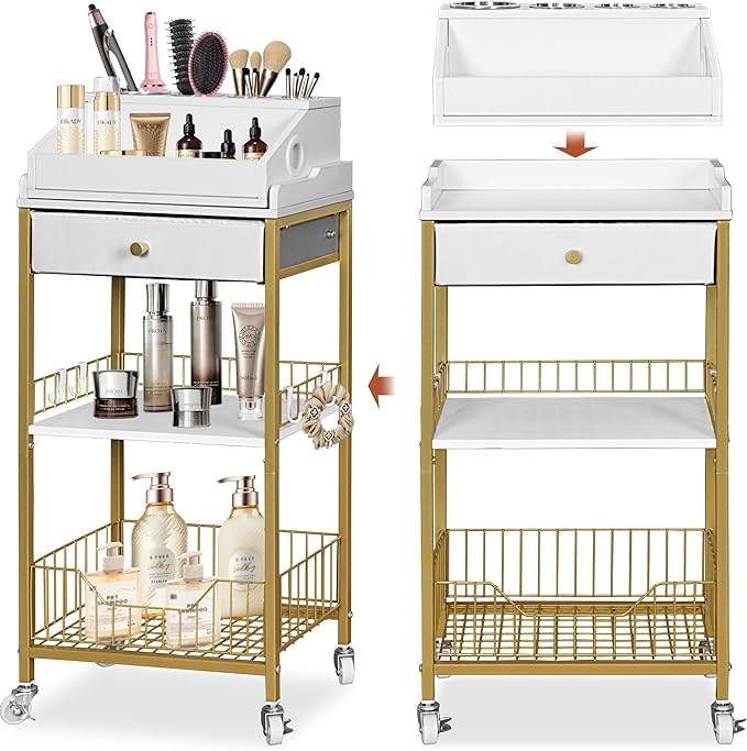 NauwaBarn Makeup Organizer Cart with Drawer, 2-in-1 Rolling Organizer Cart with Hair Tool Holder, Vanity Storage for Skincare, Perfume, Nail Polish, Cosmetics, Gold Finish