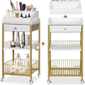 NauwaBarn Makeup Organizer Cart with Drawer, 2-in-1 Rolling Organizer Cart with Hair Tool Holder, Vanity Storage for Skincare, Perfume, Nail Polish, Cosmetics, Gold Finish