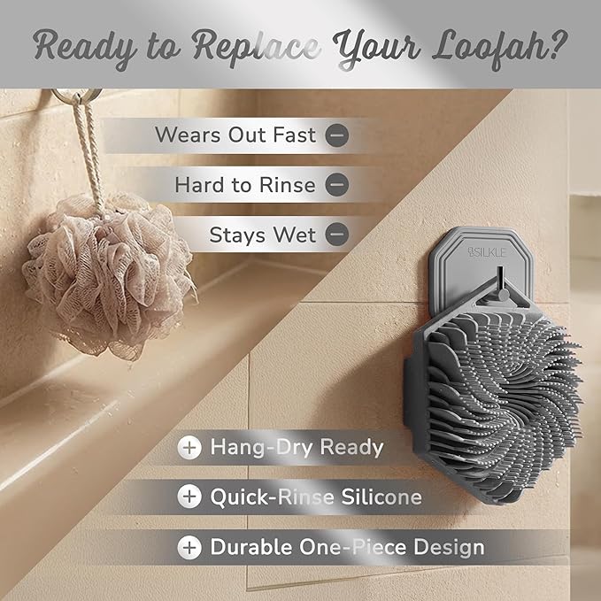 Silicone Body Scrubber – Gentle Exfoliating Shower Scrubber for Body & Bath, Silicone Shower Brush & Loofah Alternative – Non-Slip Silicone Body Brush, Quick Dry, Hygienic - Gray