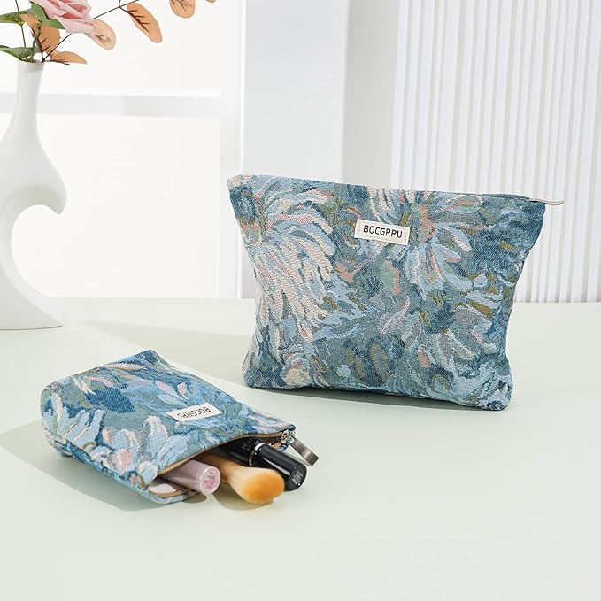 BOCGRPU 2 Pcs Aesthetic Cosmetic Bag Set, Vintage Jacquard Floral Makeup Pouches for Purse Travel, Large Capacity Tapestry Toiletry Organizer with Zipper, Gifts for Women Girls (Oil Painting Blue)