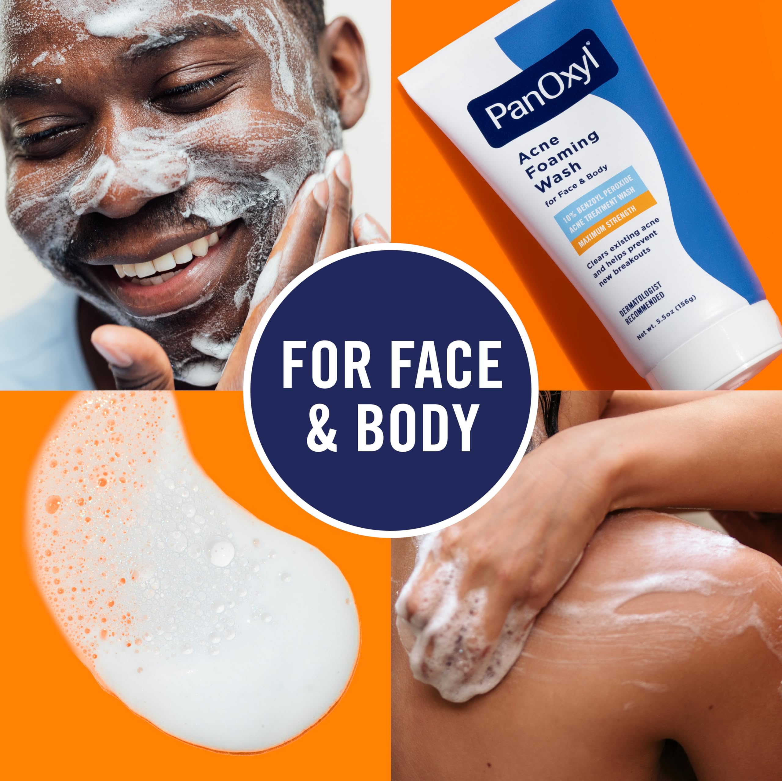 PanOxyl 10% Benzoyl Peroxide Acne Foaming Wash, Maximum Strength, Daily Acne-Fighting Face and Body Cleanser, Face Wash to Clear, Treat and Prevent Acne Pimples and Stubborn Breakouts, 5.5 Oz Tube