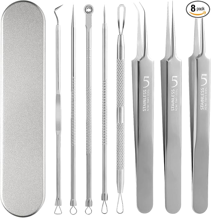 FEITA Blackhead Remover Comedone Extractor Tool, Face Black Head Needle & Curved Tip Acne Tweezers Kit with Metal Box, Facial Stainless Pimple Removal Tools Kit for Nose, Silver 8Pcs