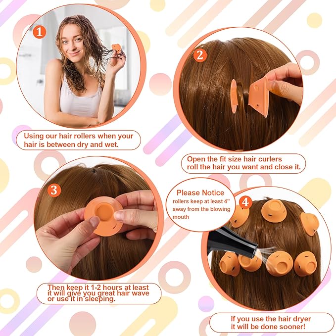 JANYUN 40 Pcs Orange Magic Silicone Hair Rollers Include 20pcs Large Silicone Curlers 20pcs Heatless Small Hair Curlers (Orange)
