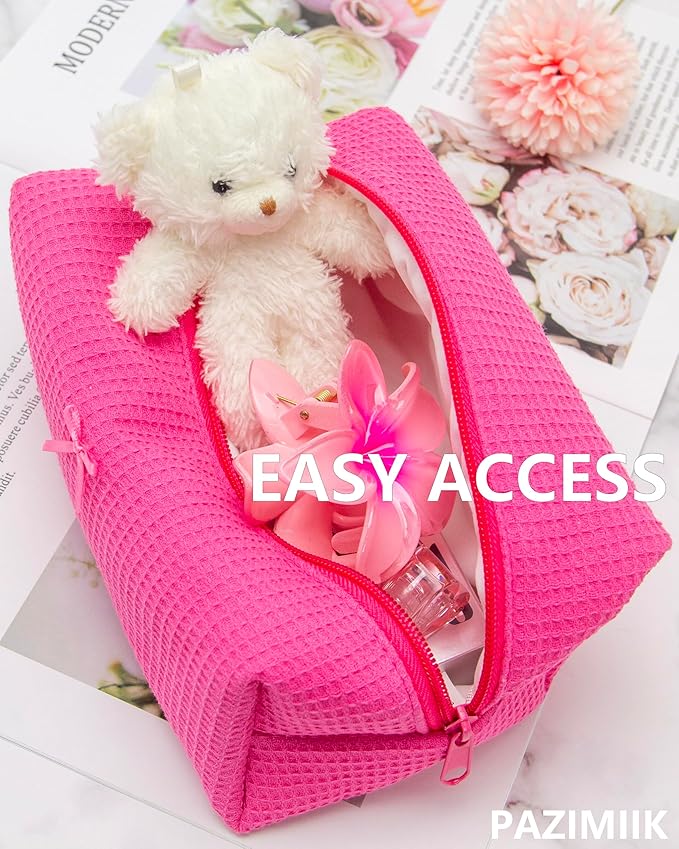 Cozy Makeup Bag for Women,Zipper Cosmetic Pouch,Waffle Hotpink,6 Pack