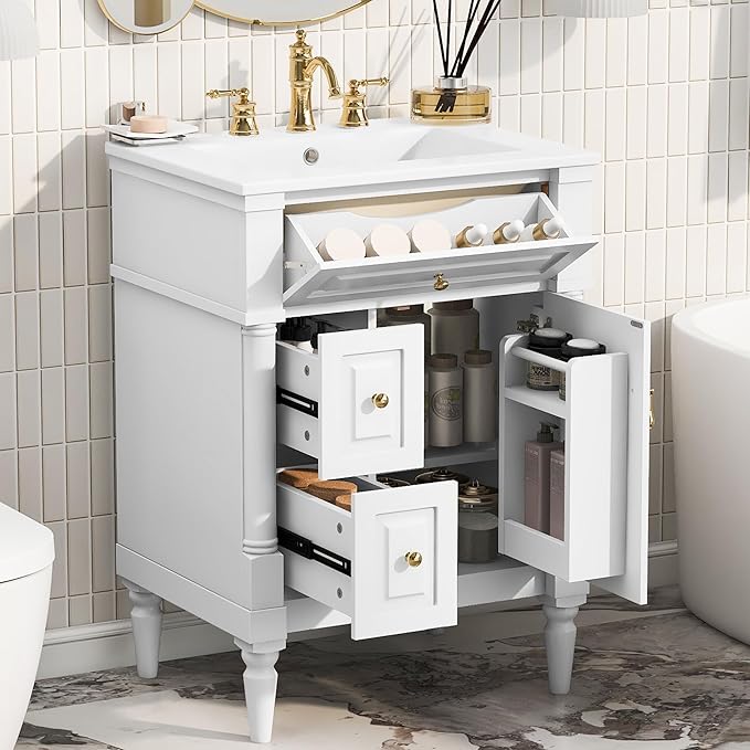 Harper & Bright Designs 24" Bathroom Vanity with Sink, Free Standing Bathroom Vanity Set with Flip Drawer, 2 Drawers, and Adjustable Shelf, Wood Storage Cabinet with Ceramic Basin for Bathroom, White