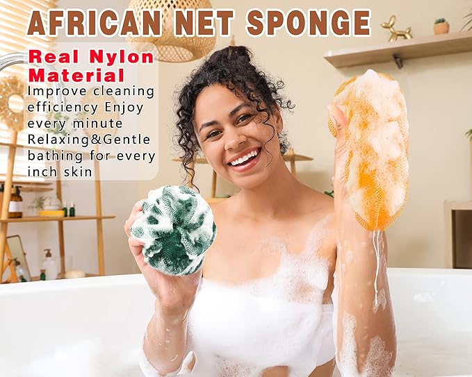 2 Pack African Net Sponge Exfoliating Body Scrubber Bath Sponge for Daily Use (Yellow + Dark Green)