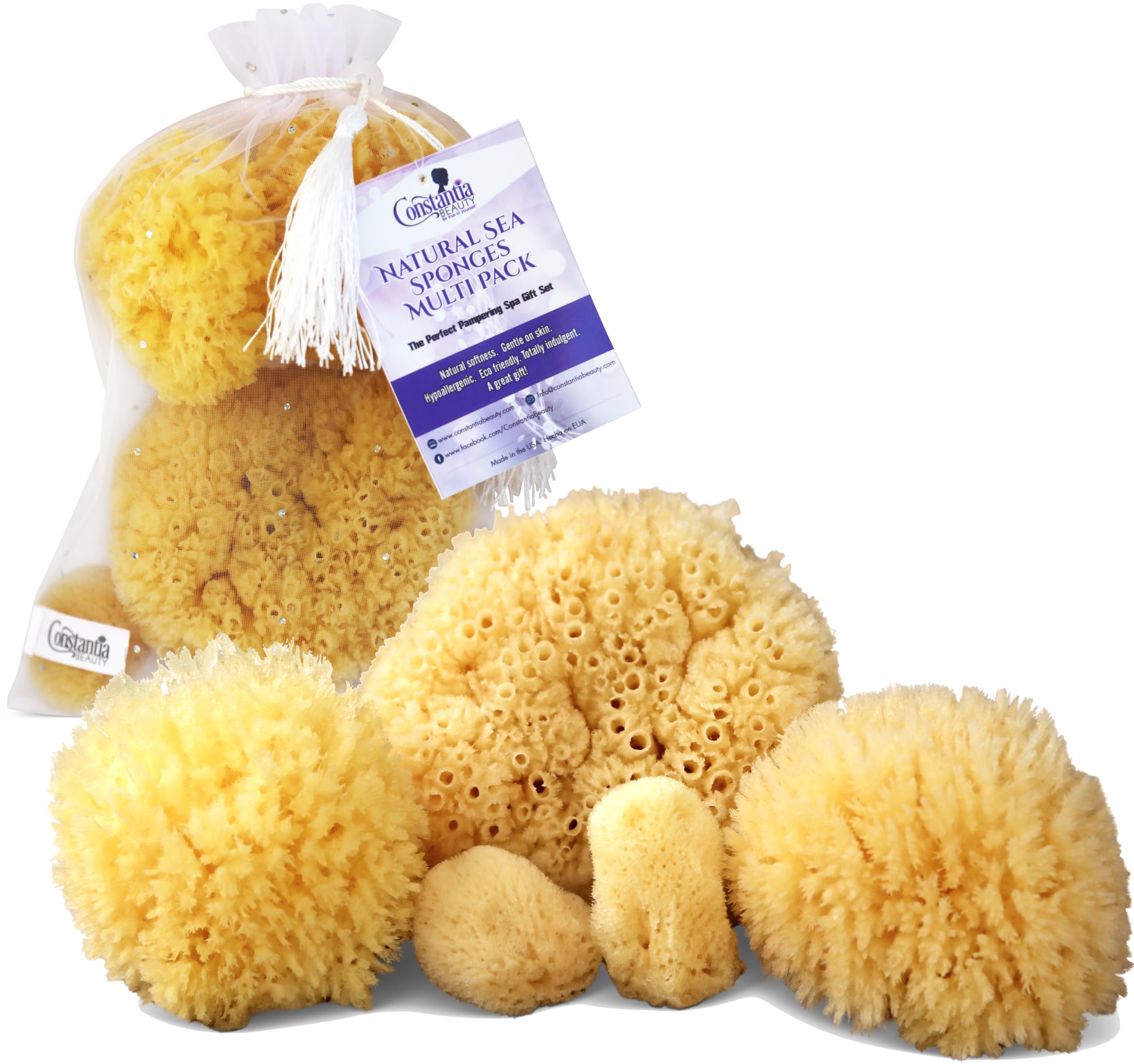 Natural Sea Sponge 5pk Spa Gift Set Bath Shower & Facial Care, Premium Bag