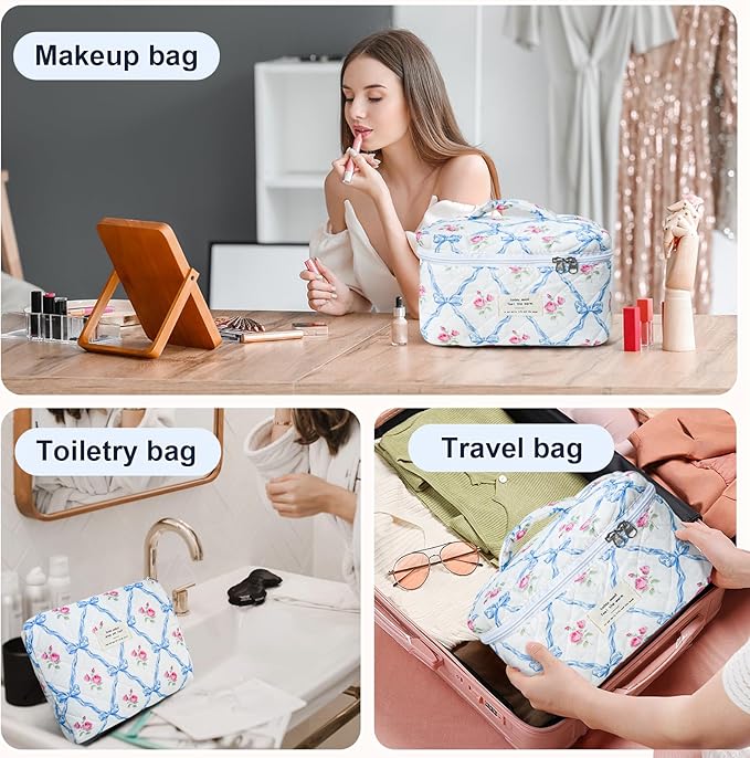 GISMTR 3Pcs Cotton Quilted Makeup Bag Large Travel Cosmetic Bag Coquette Makeup Pouch Cute Aesthetic Floral Toiletry Bag for Women Girls (flower-Q)