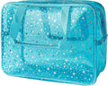 TotePrint Holographic Star Large Light Blue Makeup Cosmetic Organizer Bag and Travel Pouch with Handle,Durable Material,Zipper Design-Ideal for Makeup,Travel Essentials (Blue)