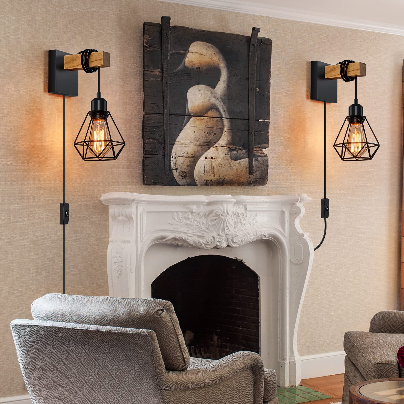 foucasal Plug in Wall Sconces Set of Two, Farmhouse Wall Light Plug in