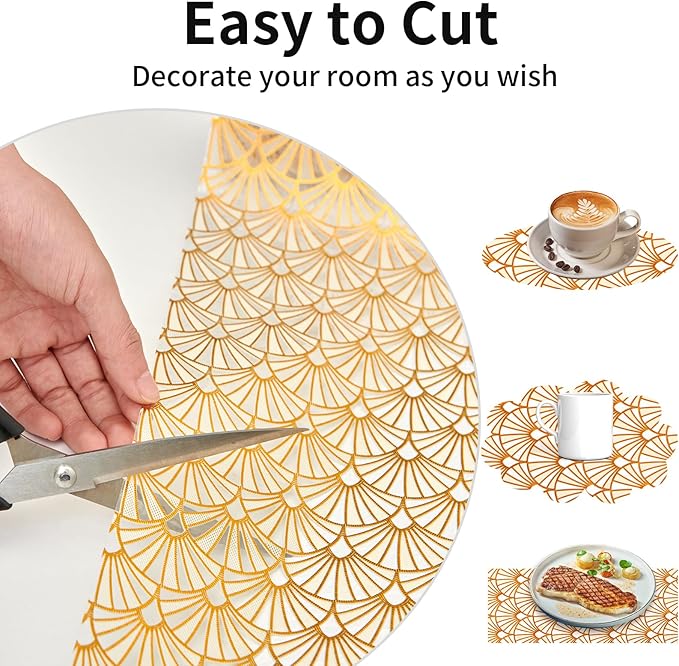 Shelf and Drawer Liner for Kitchen Cabinet,Non-Adhesive Waterproof Oil-Proof Easy Clean Shelf Liner for Dresser & Bathroom Vanities with Adhesive Dots & Cutting Tool(12 in X 10 Ft Gold Fish Scale)