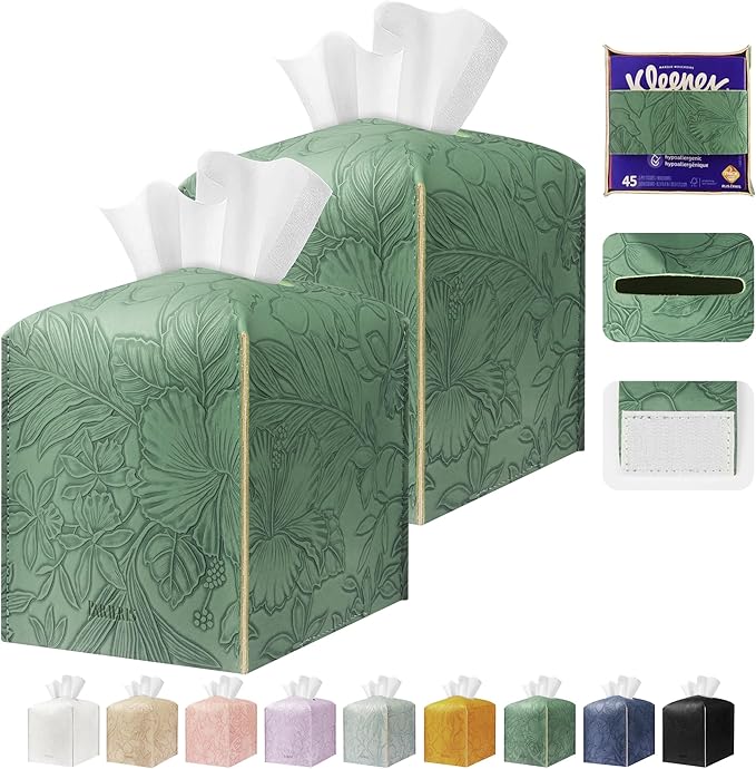 PARIERIS Tissue Box Holder Cover Square Tissue Cube Cover PU Leather Tissue Organizer with Bottom Belt for Bathroom, Tabletop, Kitchen, Night Stands, Office, Home, Car (2, VibrantGreen)