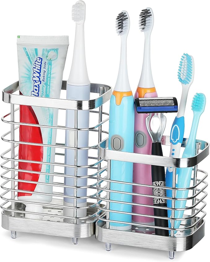 MYITYARD Toothbrush Holder for Bathroom, Stainless Steel Ventilated Electric Toothbrush & Toothpaste Holder, Modern Metal Bathroom Toothbrush Organizer, Bathroom Accessories, 2 compartments