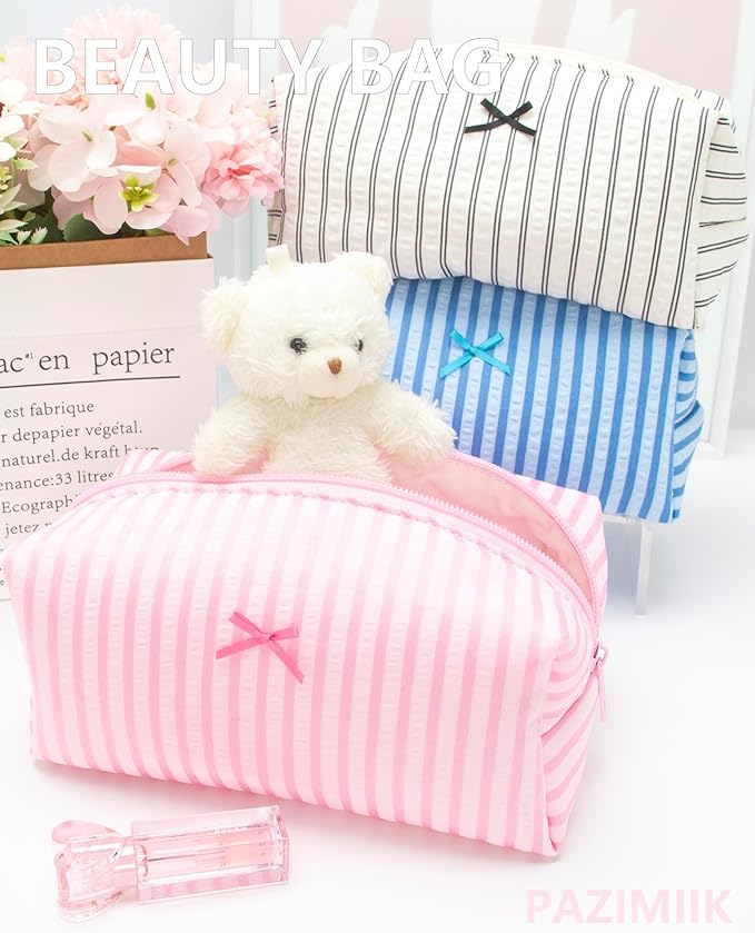 PAZIMIIK Cozy Makeup Bag for Women,Zipper Cosmetic Pouch,Stripe Cute Pink
