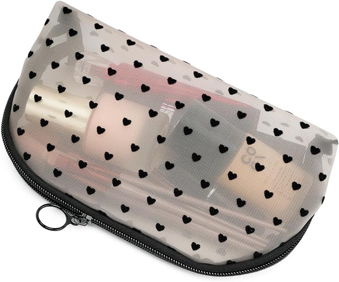TOPASION Portable Mesh Makeup Bag with Zipper Small Travel Toiletry Bag Lightweight Cosmetic Pouch (Beige&Black Heart Half Round)