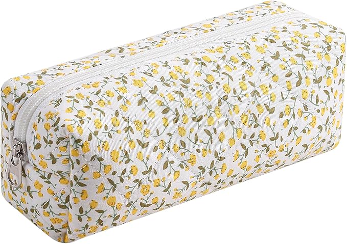 HHQQWZ Cute Floral Cotton Makeup Brush Cosmetic Bag for Women, Travel Quilted Zipper Make Up Bag, Flowers Toiletry Organizer Case Kawaii Makeup Cosmetic Travel Cloth Pouch (Yellow Floral)