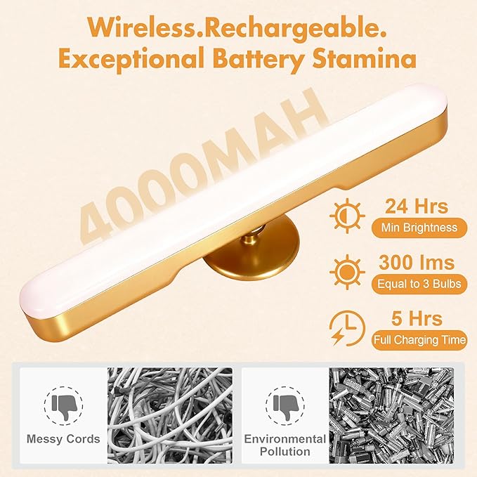cambk Set of 2 Wireless Vanity Makeup Lights for Mirror, Rechargeable LED Stick On Light Bar for Bathroom Mirror with Dimmable 3 CCT, Long Battery Life Cordless Light for Vanity Desk(Gold)