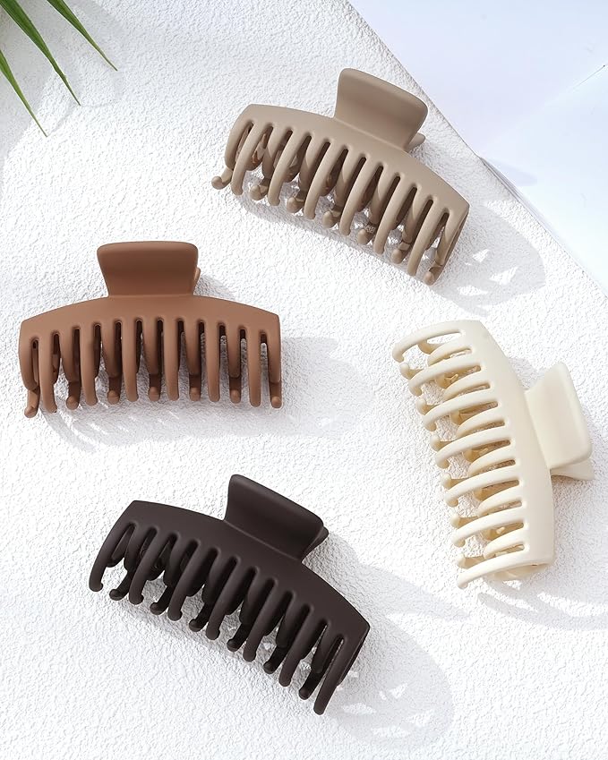 Mesovor 4 Pack Double Row Teeth Hair Claw Clips, 3.5" Large Strong Hold Matte Hair Clips for Thin and Short Fine Hair Accessories (Brown Neutral Matte)