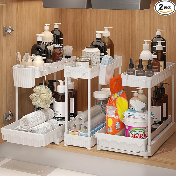 Sevenblue 3 Pack Multi-Purpose Pull-Out Storage Organizers, 2-Tier L-Shaped Under Sink/Cabinet Organizers and Storage for Bathroom & Kitchen,White,14.85 Inch