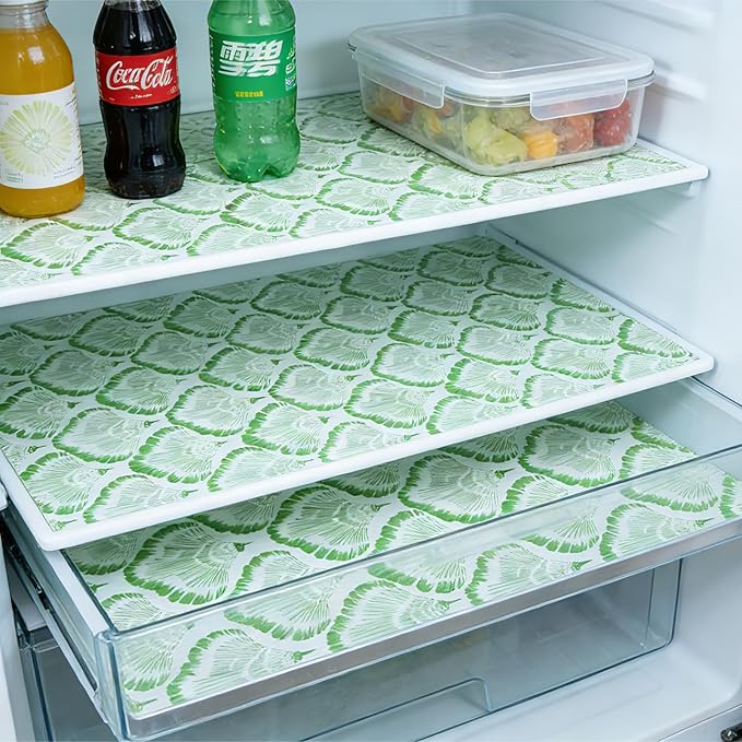 Shelf and Drawer Liner, 12in x 20FT Double Layer PVC Non-Adhesive Non-Slip Waterproof, Green Leaf for Kitchen Cabinets, Pantry, Bathroom, Dresser with Knife and Tape Measure