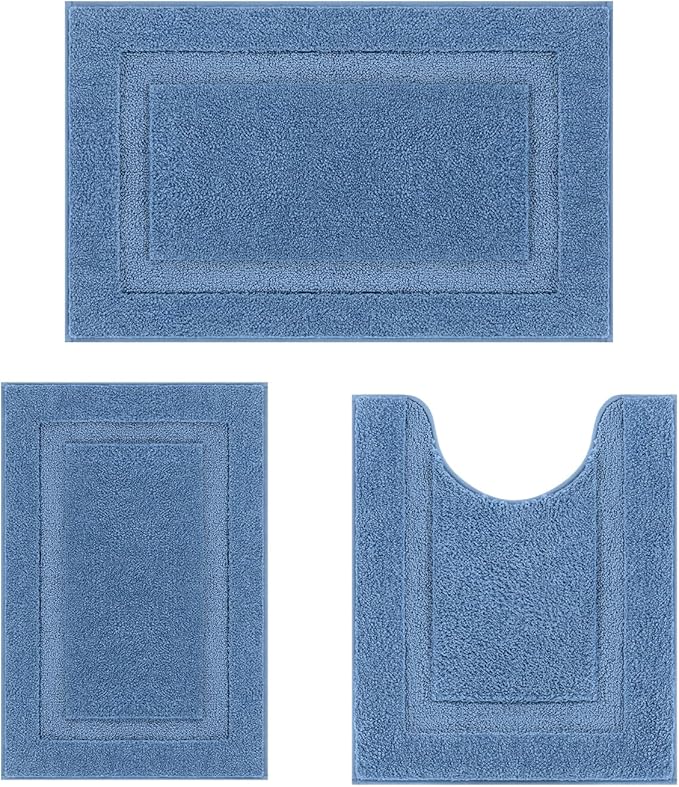 SHACOS Blue Bathroom Rugs Sets 3 Piece Small Bath Mat U Shaped Toilet Rug