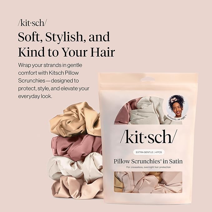 Kitsch Pillow Satin Scrunchies for Women - Hair Ties No Damage, No Crease Hair Accessories | Perfect for Day or Night - Blush, 4pcs
