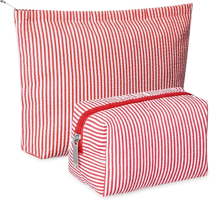 2 Pcs Makeup Bag Set Cute Cosmetic Pouch for Women Seersucker Travel Toiletry Bag Preppy Small Makeup Purse Pouch Aesthetic Skincare Brushes Storage Organizer for Valentine Women(Red)