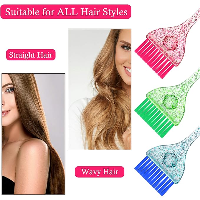 Patelai 6 Pcs Hair Color Brush Set, Glitter Hair Dye Brushes in 3 Colors, Soft Bristle Tint Applicator for Highlighting, Coloring, Tint and Dye, Reusable Salon and Home, 2.24 x 8.46 in