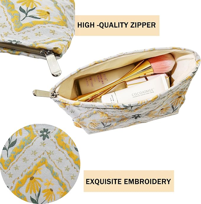 getgto 2 Pcs Makeup Bags, Large Cosmetic Bag Travel Toiletry Bag Organizer for Women, Embroidery Craft, Floral Makeup Bag Small Cosmetic Pouch Purse with Zipper Gifts for Girls Teen