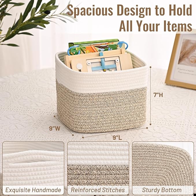 3 Pack Cube Storage Bin, 9”x9”x7” Cotton Rope Woven Baskets for Organizing Toys Clothes Towels, Square Gift Storage Baskets for Shelf, Nursery, Closet, Bathroom, Pantry (White & Jute)