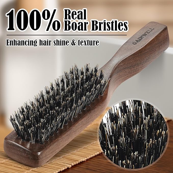 GAINWELL Mens Wild Boar Bristle Hair Brush for Men, Slick Back Hair Brush with Stiff Bristles for Thick & Thin Hair, Beard Brush Natural Black Walnut Wooden Handle Hairbrush