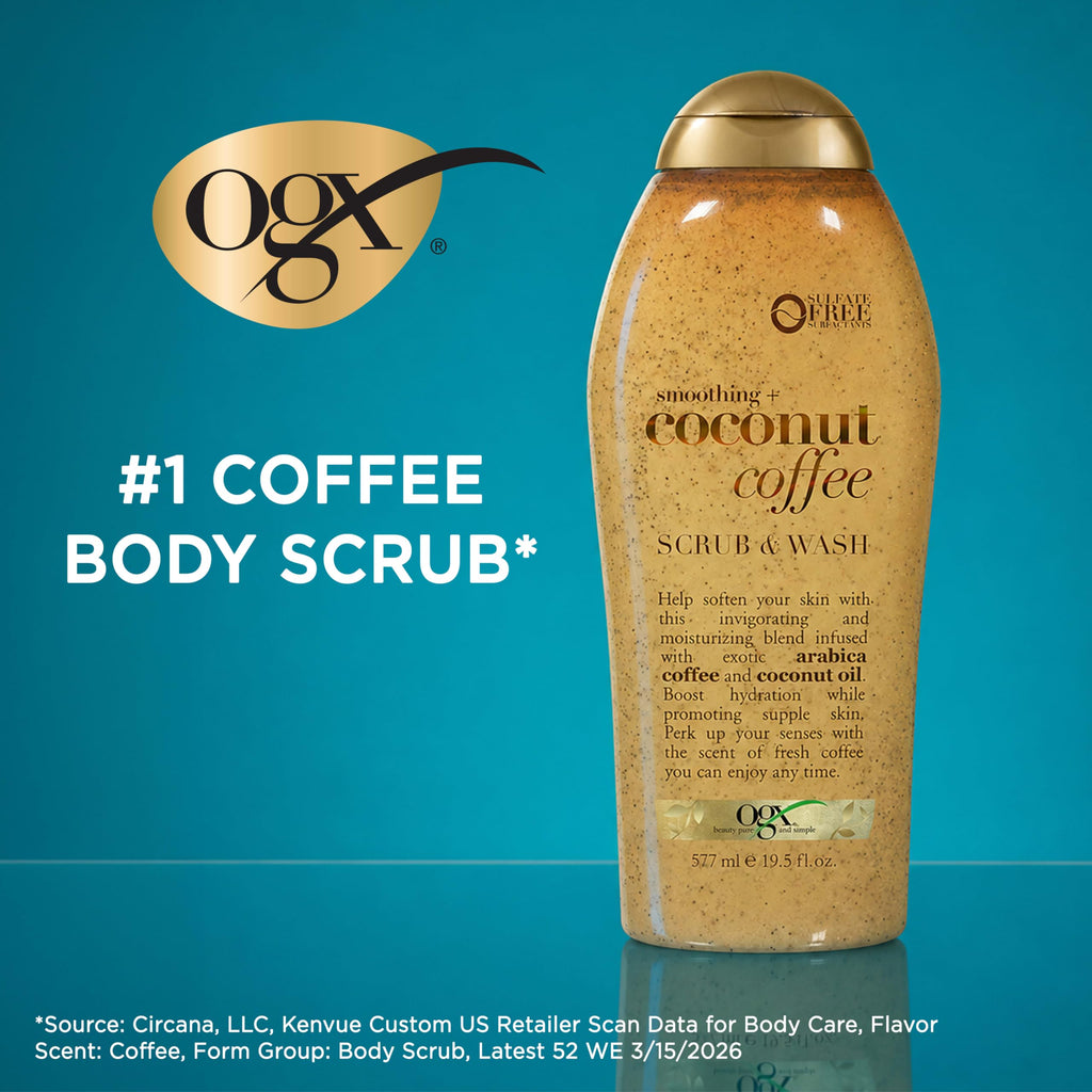 OGX Smoothing + Coconut Coffee Exfoliating Daily Body Scrub with Arabica Coffee & Coconut Oil, Hydrating & Moisturizing Body Wash for Dry Skin, Paraben-Free with Sulfate-Free Surfactants, 19.5 Fl Oz