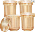 SheeChung Glass Qtip Holder Dispenser, 4-Pack Glass Apothecary Jars - Vintage Sunburst Bathroom Organizer Set - Cotton Swab Ball Pad Storage - Bathroom Accessories Decor（Amber）