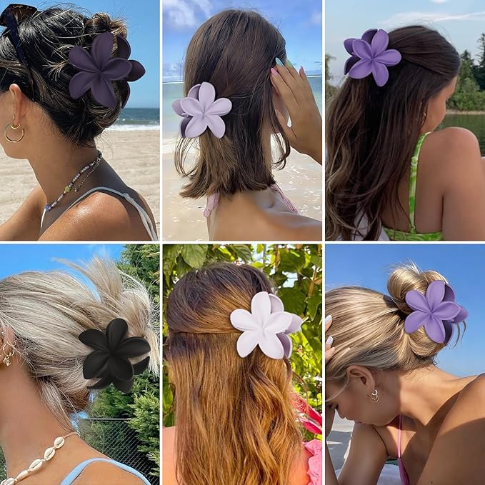 Sisiaipu Flower Hair Clips for Women 6 Pcs Hawaiian Large Claw Clips Plumeria Medium Hair Claw Clips for Thick Thin Hair Hibiscus Tropical Beach Hair Accessories for Women Girls and Girls (Purple)