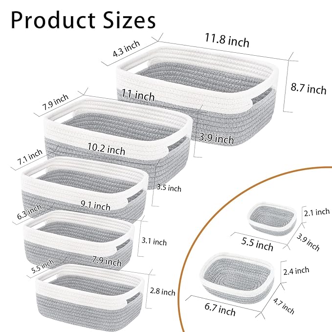 HLWDFLZ 7 Piece Cotton Rope Woven Basket Set - Small Basket for Baby Nursery, Pets, Montessori, Dog & Cat Toy Boxes, Bathroom Organization Bins (White/Gray)