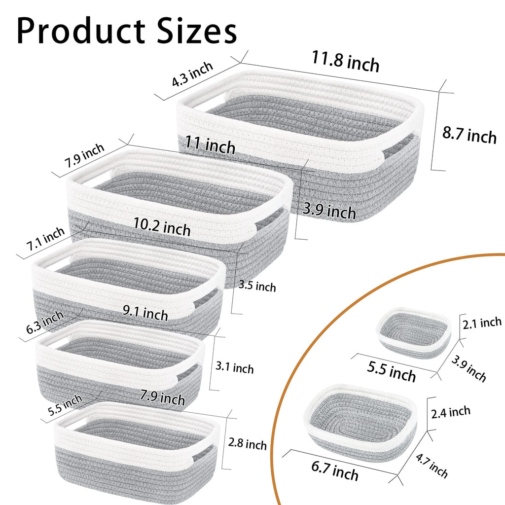 HLWDFLZ 7 Piece Cotton Rope Woven Basket Set - Small Basket for Baby Nursery, Pets, Montessori, Dog & Cat Toy Boxes, Bathroom Organization Bins (White/Gray)