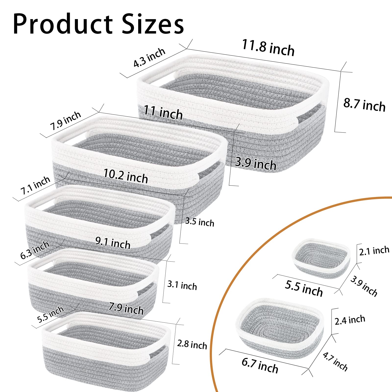 HLWDFLZ 7 Piece Cotton Rope Woven Basket Set - Small Basket for Baby Nursery, Pets, Montessori, Dog & Cat Toy Boxes, Bathroom Organization Bins (White/Gray)