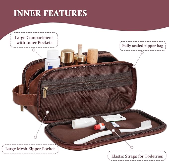 Janhavi Leather Toiletry Bag for Men, Personalized Laser Engraved Initials & Wheat, Toiletry Bag For Shower Caddy, Cruise Ship Essentials, Groomsmen Gifts, Men's Accessories (Medium, Red Brown, E)