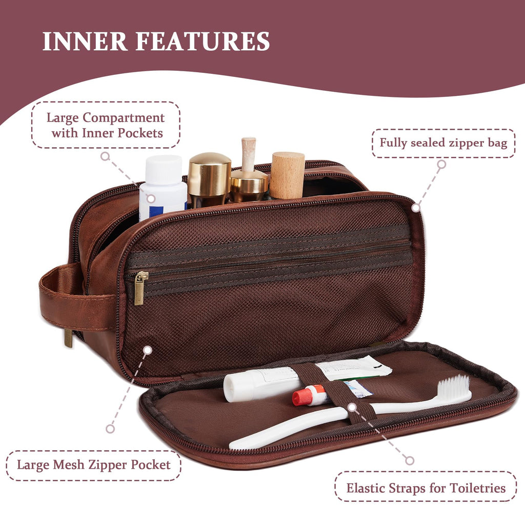Travel Toiletry Bag For Mens PU Leather Engraved Initials (Red Brown Z)