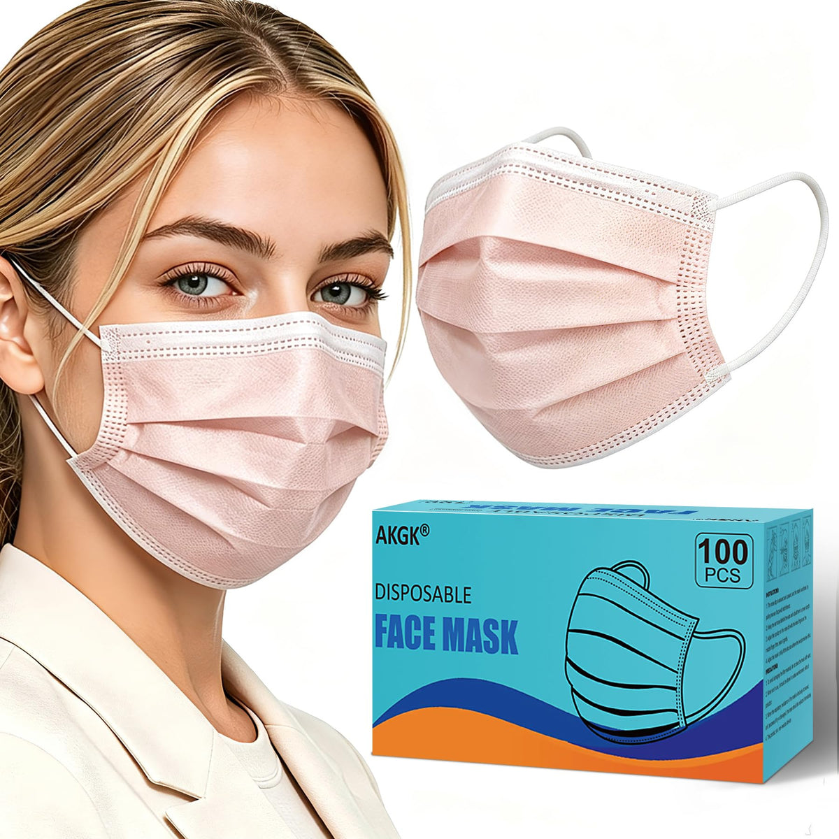 akgk 100Pcs Disposable Face Masks, Blush Pink Face Mask, 3 Ply Mask