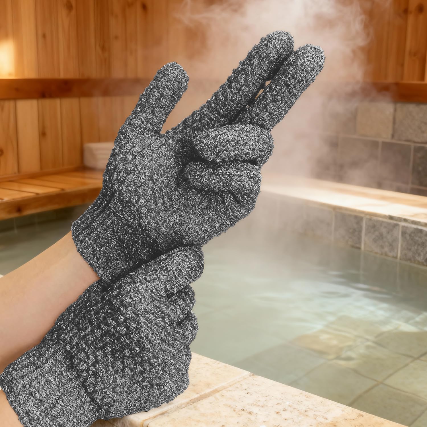 Evridwear Exfoliating Dual Texture Bath Gloves for Shower, Spa, Massage and Body Scrubs, Dead Skin Cell Remover, Gloves with Hanging Loop (1 Pair Gray Heavy Glove)